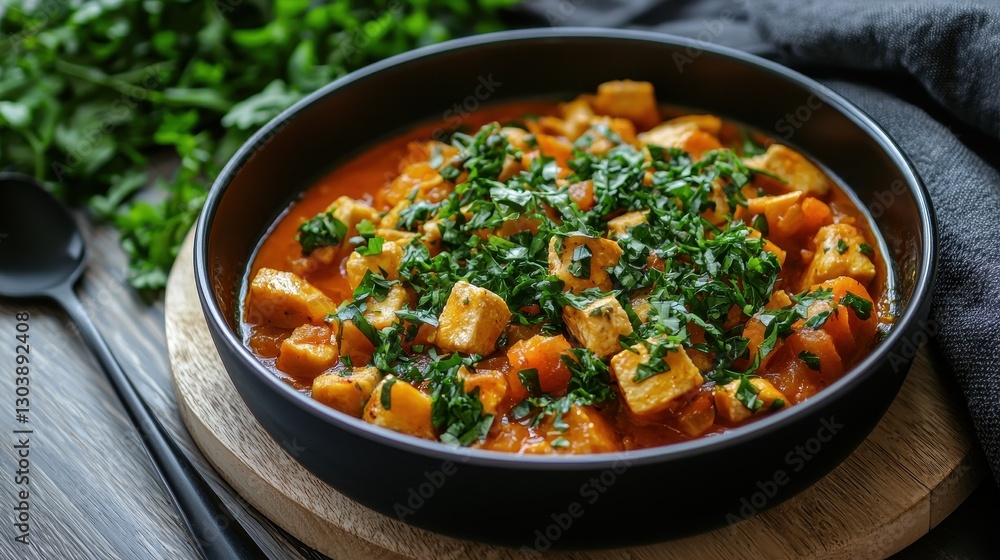 A vibrant bowl of tofu stew garnished with fresh herbs, showcasing a rich blend of vegetables and spices in a cozy setting. A vibrant bowl of tofu stew garnished with fresh herbs, showcasing a rich blend of vegetables and spices in a cozy setting.