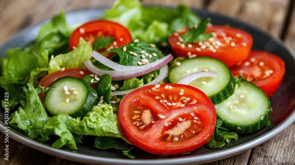 A vibrant salad featuring fresh tomatoes, cucumbers, and lettuce, garnished with onions and sesame seeds on a rustic wooden table. A vibrant salad featuring fresh tomatoes, cucumbers, and lettuce, garnished with onions and sesame seeds on a rustic wooden table.