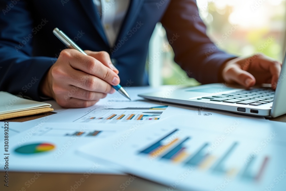 Businessman Analyzing Financial Data in a Modern Office Setting with Charts and a Laptop Showing Market Trends and Performance Metrics Businessman Analyzing Financial Data in a Modern Office Setting with Charts and a Laptop Showing Market Trends and Performance Metrics