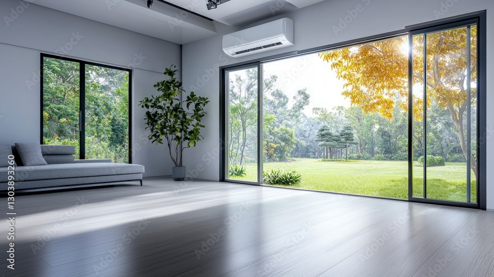 Fototapeta premium Modern Minimalist Living Room with Air Conditioner Garden View