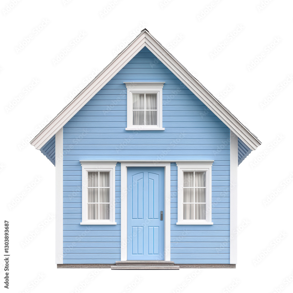 Charming blue wooden house with white trim and symmetrical windows Charming blue wooden house with white trim and symmetrical windows