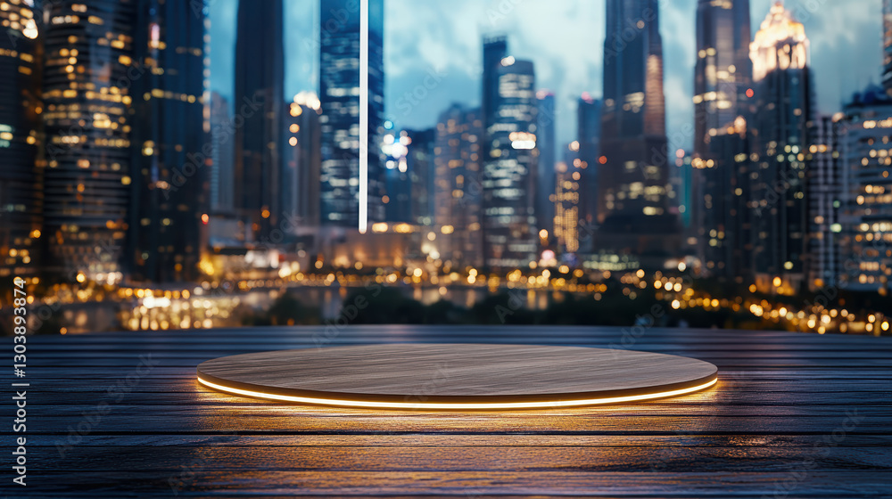 Obraz premium modern display platform with city skyline backdrop at night