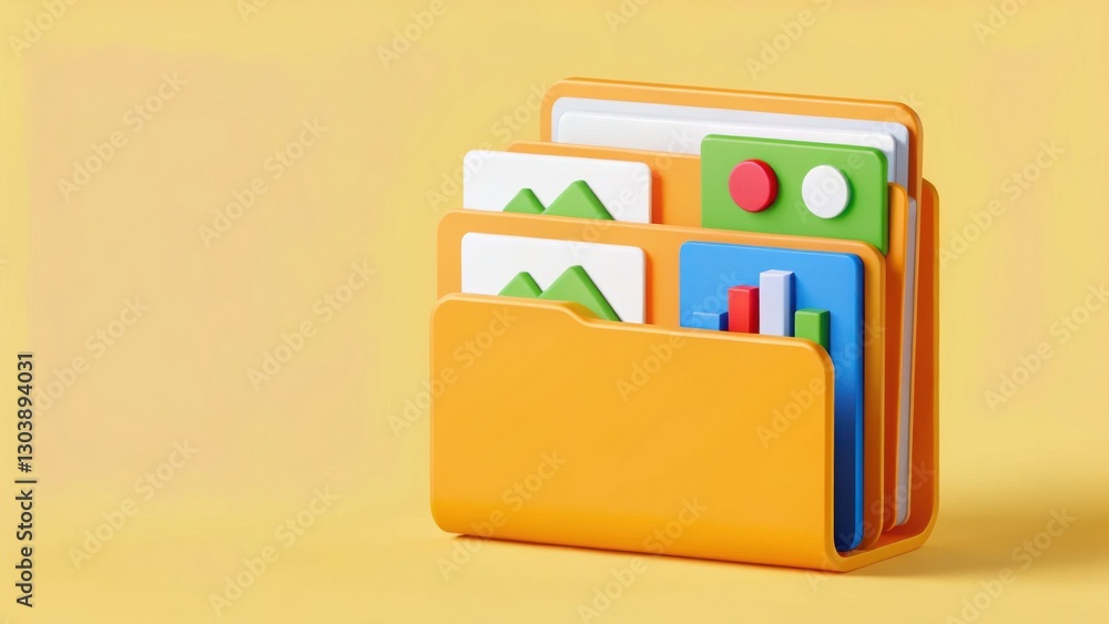 Colorful Folder with Documents and Graphs on a Yellow Background in a Minimalist Style Colorful Folder with Documents and Graphs on a Yellow Background in a Minimalist Style