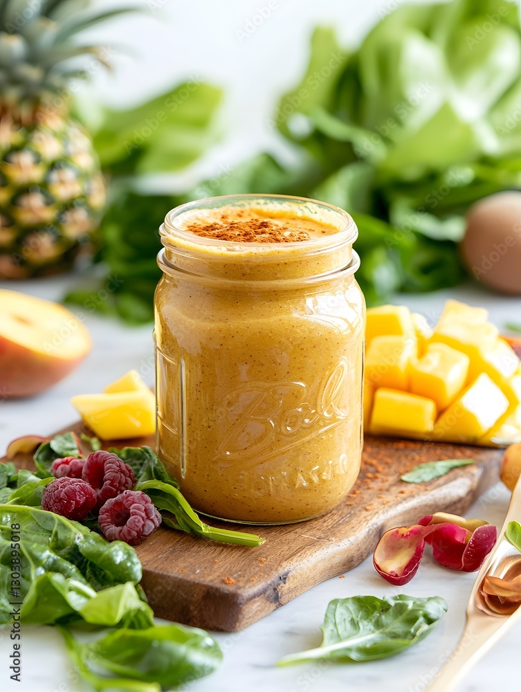 Delicious Tropical Mango Pineapple Smoothie Recipe with Spinach and Raspberries in Mason Jar Delicious Tropical Mango Pineapple Smoothie Recipe with Spinach and Raspberries in Mason Jar