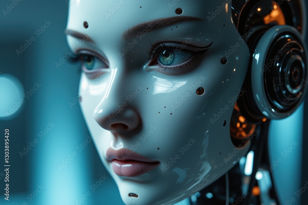 A Close-Up Portrait of a Futuristic Female Robot with Glossy Features and Mechanical Components Against a Soft Blue Background A Close-Up Portrait of a Futuristic Female Robot with Glossy Features and Mechanical Components Against a Soft Blue Background