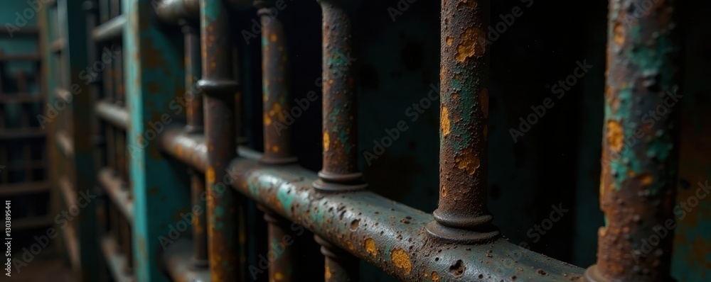 Close-up rusted cell bars, dark cell interior, harsh light, metal, grim Close-up rusted cell bars, dark cell interior, harsh light, metal, grim