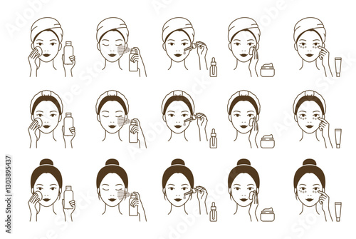 Cosmetic skin care routine_woman(girl) applying a toner, mist spray, ampoule, lotion, eye cream