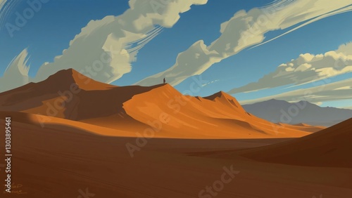 Solitary Figure on a Majestic Desert Dune Under a Vast Sky