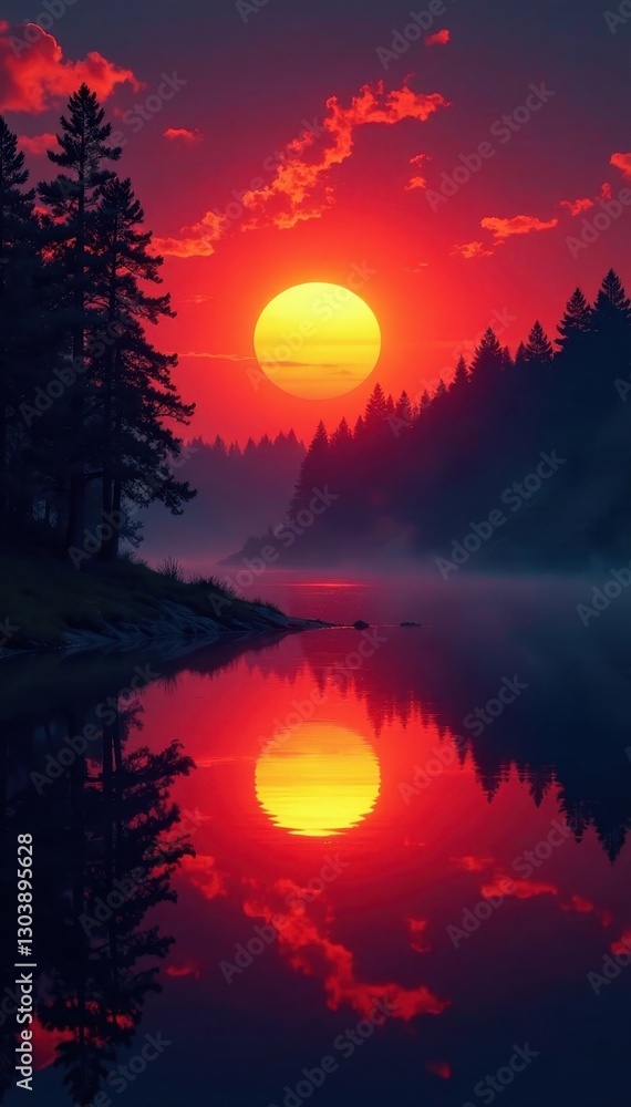 Fototapeta premium Crimson sunset fire, forest mirrored in still lake , eventide, green, twilight