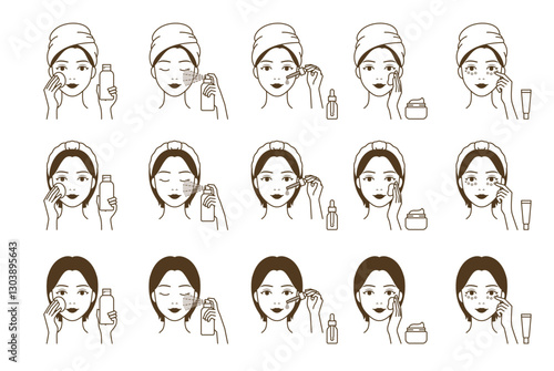 Cosmetic skin care routine_woman(girl) applying a toner, mist spray, ampoule, lotion, eye cream