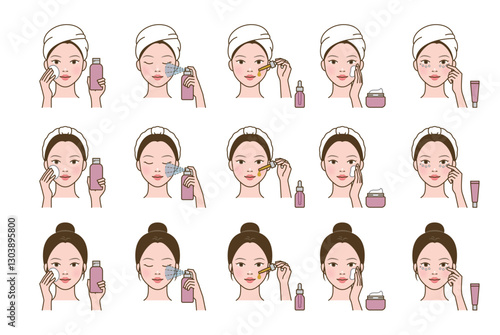 Cosmetic skin care routine_woman(girl) applying a toner, mist spray, ampoule, lotion, eye cream