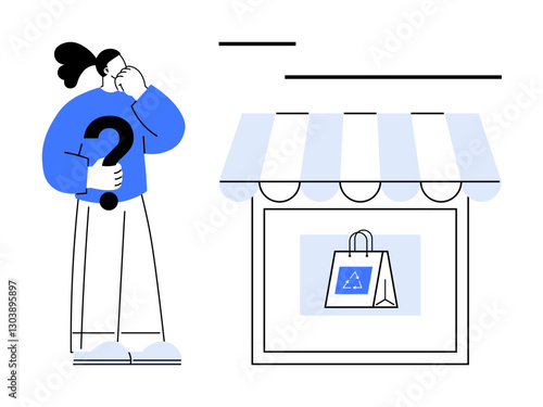 Individual holding question mark facing store with eco-friendly shopping bag, symbolizing sustainability decisions. Ideal for eco-consciousness, retail, decision-making, green economy, shopping