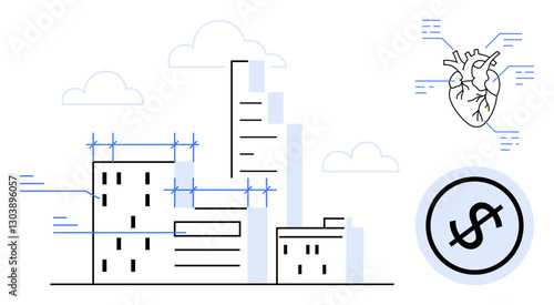 Skyscrapers under construction, heart symbol with data metrics, and dollar sign suggesting health, technology, and financial growth. Ideal for architecture, health, innovation, economy urban