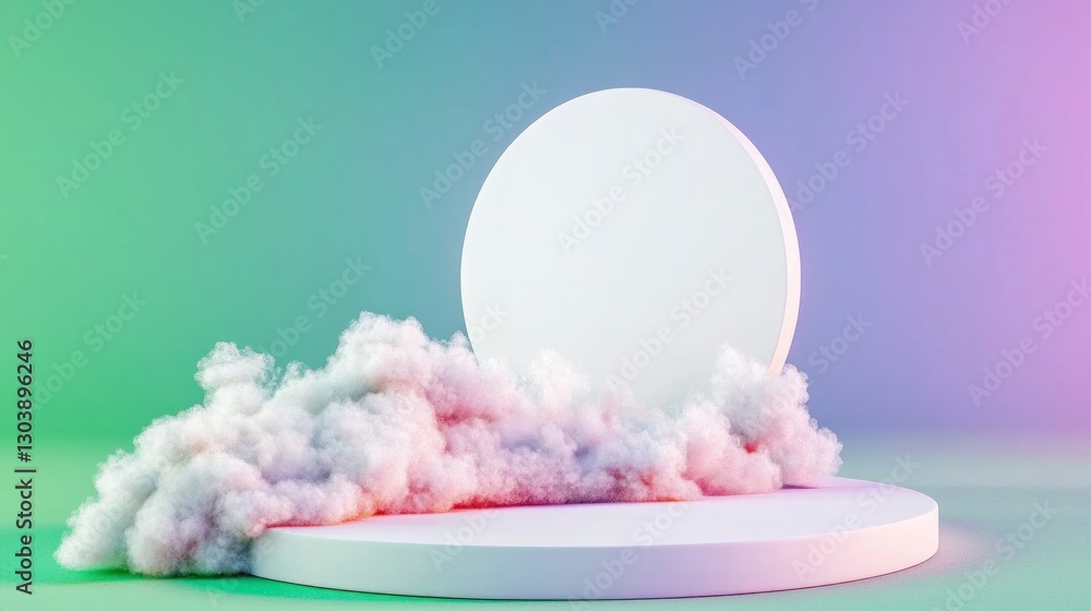 Dreamy Pastel Cloudscape Product Display Mockup White Circle Platform Soft Clouds Text Dreamy Pastel Cloudscape Product Display Mockup White Circle Platform Soft Clouds Text