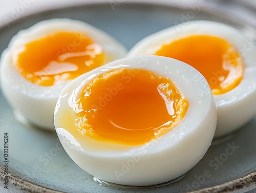 半熟卵のとろりとした黄身が美しいクローズアップ | Close-Up of Soft-Boiled Eggs with Runny Yolks