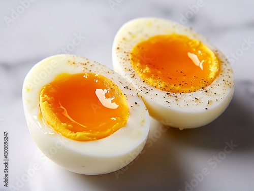 半熟卵のとろりとした黄身が美しいクローズアップ | Close-Up of Soft-Boiled Eggs with Runny Yolks
