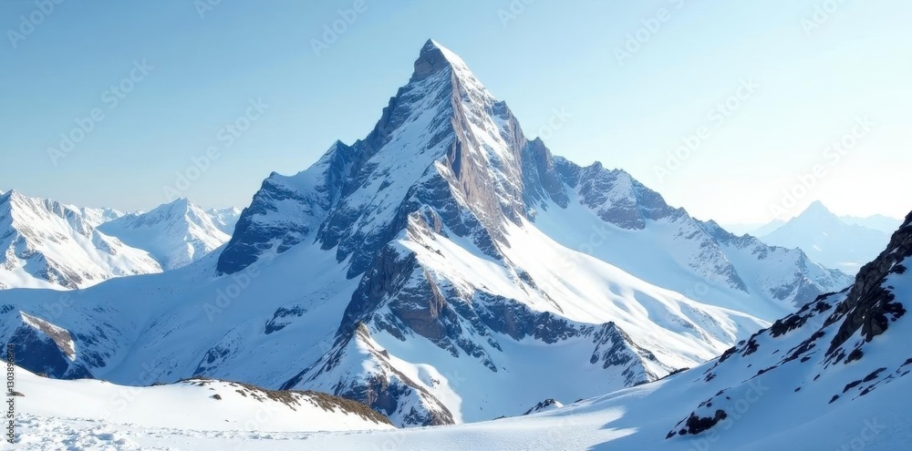 Jagged snow-covered peak, stark shadow contrast, snow capped, cold, peak Jagged snow-covered peak, stark shadow contrast, snow capped, cold, peak