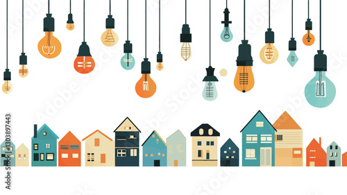 A digital illustration depicting a row of stylized houses in various colors and shapes situated at the bottom of the image.  Above the houses, numerous light bulbs of varying sizes and