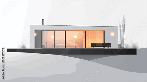 A digital illustration depicting a cutaway view of a modern minimalist house. The house is characterized by clean lines, a rectangular shape, and large glass windows offering a glimpse into