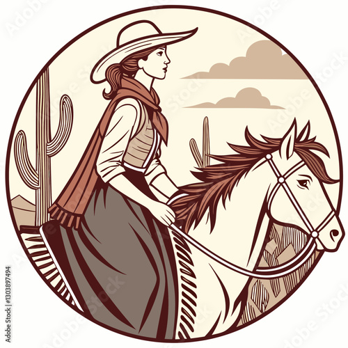 Retro Vintage Western Cowgirl Bohemian, Boho Chic Women Horse Illustration, Cowboy Bronco Rodeo