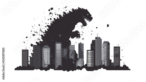 The image is a grayscale vector illustration depicting a stylized silhouette of a large monster attacking a city.  The monster is rendered with a splatter effect, giving it a somewhat