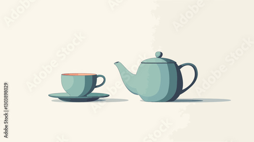Digital illustration depicting a teapot and teacup set against a white background. The style is minimalist, featuring low-poly/geometric shapes. The teapot and cup are rendered in shades of
