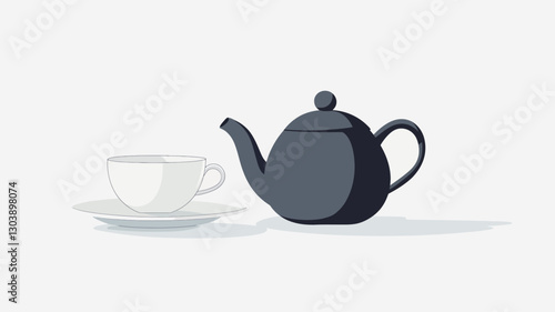 Digital illustration of a dark gray teapot pouring into a white teacup on a saucer. The style is minimalist and flat, with a simple rendering of the objects.  The background is a light