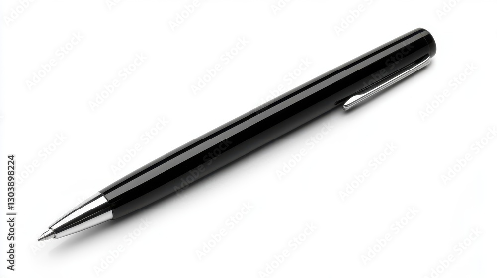 A shiny black pen displayed on a clean white background A shiny black pen displayed on a clean white background