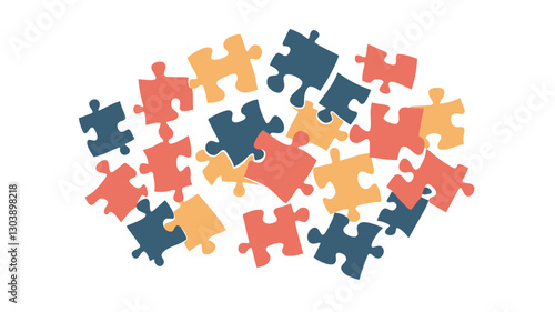 The image shows a collection of scattered jigsaw puzzle pieces in shades of orange, yellow, and dark blue against a white background. The pieces are irregularly distributed, with no