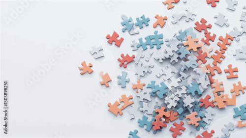 High-angle, close-up view of numerous pastel-colored jigsaw puzzle pieces scattered on a white background.  The pieces are various shapes and sizes, creating a random and somewhat chaotic