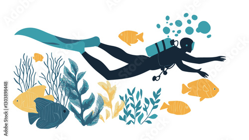 A vector illustration depicting a silhouette of a scuba diver swimming underwater. The diver is centrally positioned, facing right, with visible diving equipment (tank and fins).