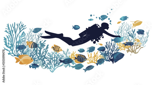 A vector illustration depicting a stylized silhouette of a scuba diver swimming amidst a vibrant coral reef. The diver is centrally positioned, facing right, with a scuba tank visible.
