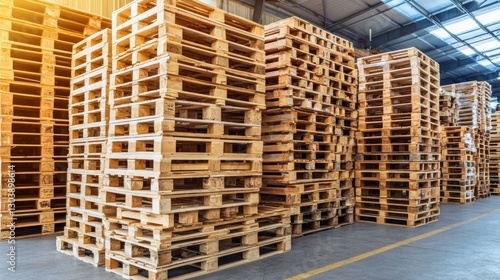 Warehouse Inventory: Stacks of Wooden Pallets