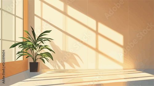 The image shows a digitally rendered minimalist interior space.  The walls are a pale yellow or beige. Sunlight streams through a window with a gridded pattern, casting distinct diagonal