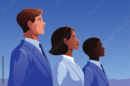 Create a vibrant vector illustration depicting a strong business leader guiding a team towards success, emphasizing collaboration and strategic vision.