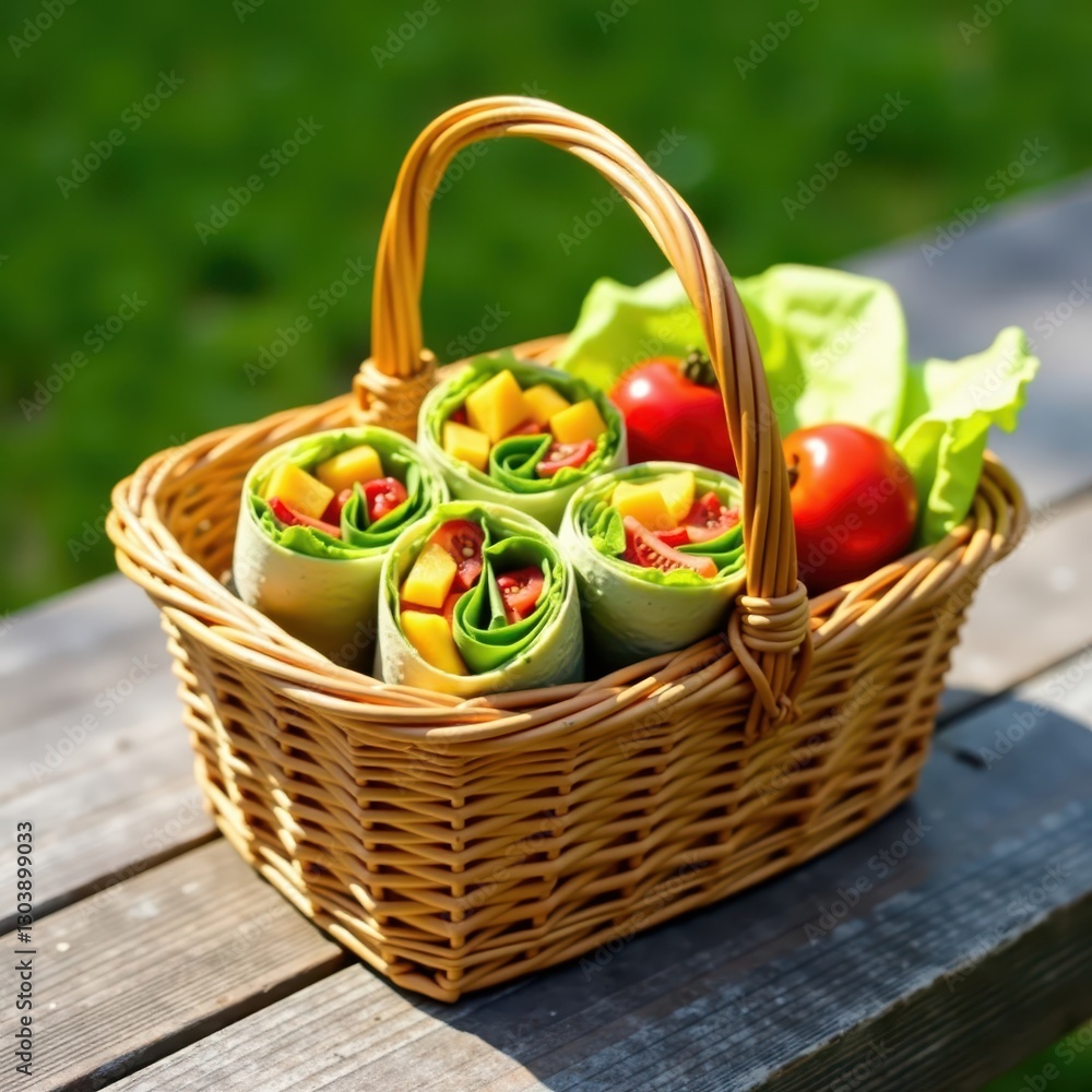 A wicker picnic basket filled with colorful veggie wraps & fruit , summer picnic, sunshine A wicker picnic basket filled with colorful veggie wraps & fruit , summer picnic, sunshine