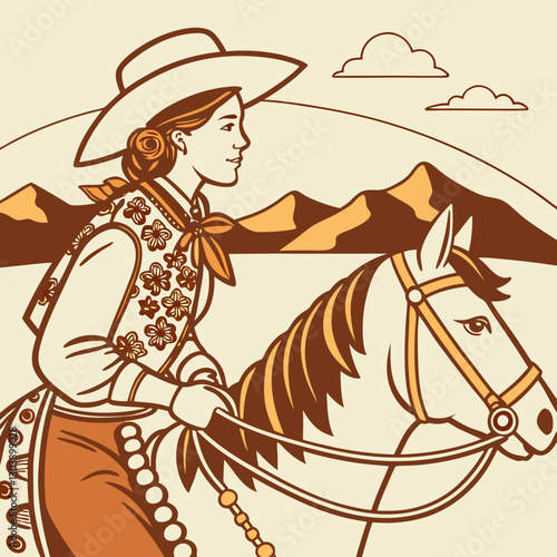 Retro Vintage Western Cowgirl Bohemian, Boho Chic Women Horse Illustration, Cowboy Bronco Rodeo