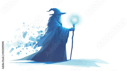 Digital painting of a wizard figure rendered in shades of blue. The wizard is depicted from the knees up, holding a glowing orb-topped staff. The wizard wears a long robe and pointed hat.