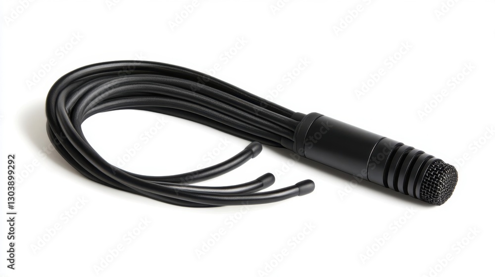 A black professional microphone with many connected flexible cables is visible A black professional microphone with many connected flexible cables is visible