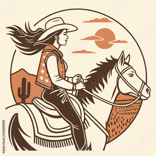 Retro Vintage Western Cowgirl Bohemian, Boho Chic Women Horse Illustration, Cowboy Bronco Rodeo