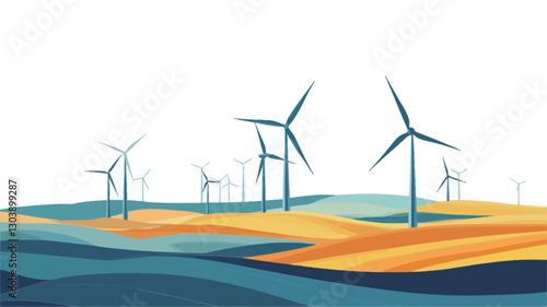 Stylized illustration depicting several wind turbines situated on gently rolling hills.  The color palette is primarily composed of blues and yellows, rendered in an abstract, painterly