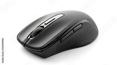 A wireless computer mouse with scroll wheel and buttons is pictured