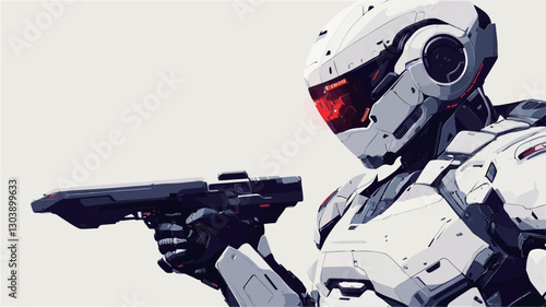 The image is a digital illustration depicting a futuristic soldier or cyborg. The figure is predominantly white and grey, wearing a helmet with a red visor and advanced armor.  The soldier