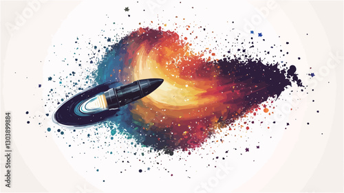 A digital illustration depicting a stylized spaceship emerging from a nebula. The spaceship is dark-colored and sleek, contrasted against a vibrant nebula rendered in shades of orange,