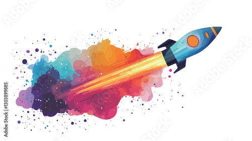 A digital illustration depicting a stylized rocket launching into space. The rocket is rendered in a cartoonish style with a predominantly light blue body and orange details.  It is