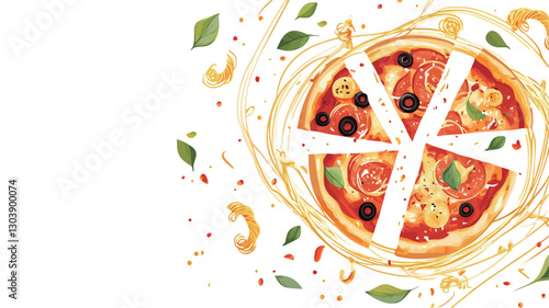 Close-up studio shot of a pizza sliced into eight pieces, presented on a white background.  The pizza is topped with cheese, tomato sauce, olives, and what appears to be pepperoni or