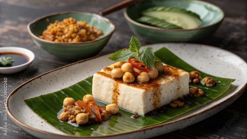 Tofu Dish Garnished with Chickpeas and Mint on Green Leaf Tofu Dish Garnished with Chickpeas and Mint on Green Leaf