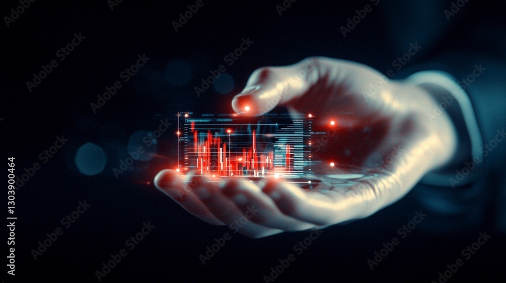 Fototapeta premium Futuristic Hand Holding Holographic Data Interface with Graphs and Charts