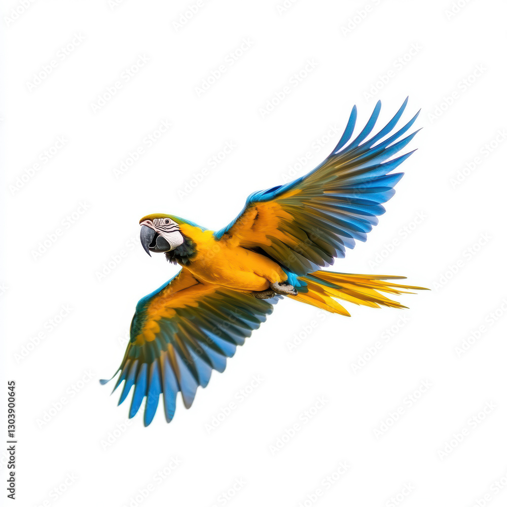 Fototapeta premium Colorful macaw parrot in mid flight against white background