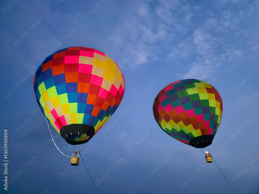 Obraz premium Two Colorful Hot Air Balloons Against a Cloudy Sky